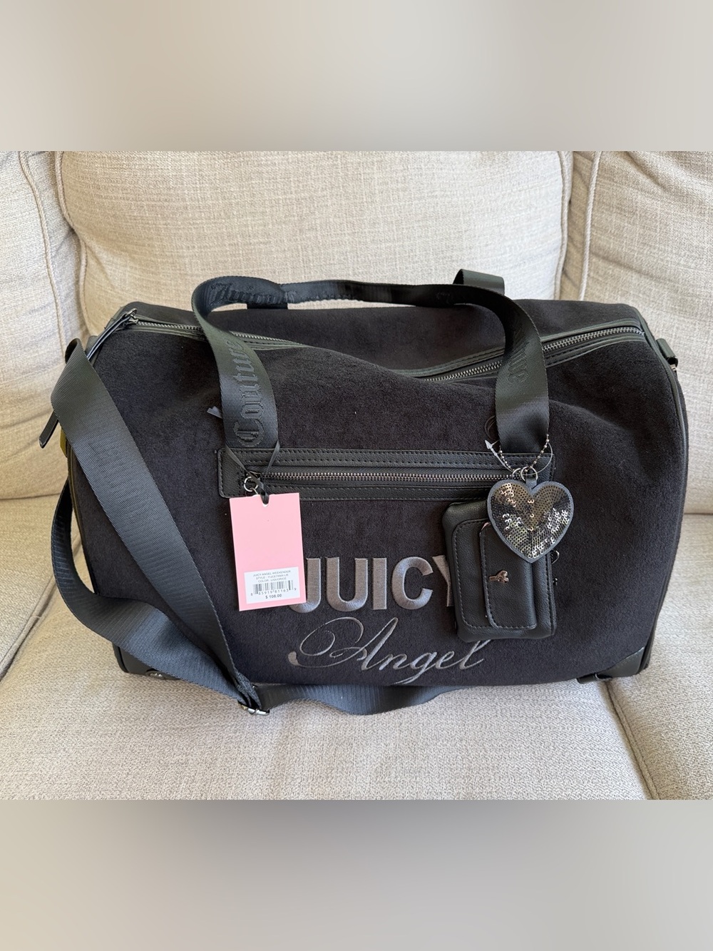 Juicy Couture Black Weekend Travel Bag with Sequin Heart Charm